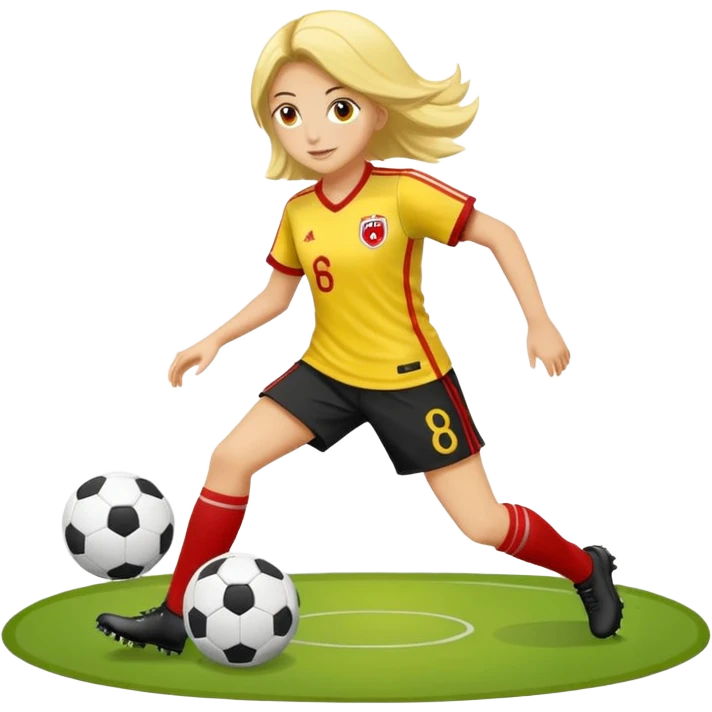kumral bir kadın sarı kırmızı bir formayla futbol oynuyor emoji