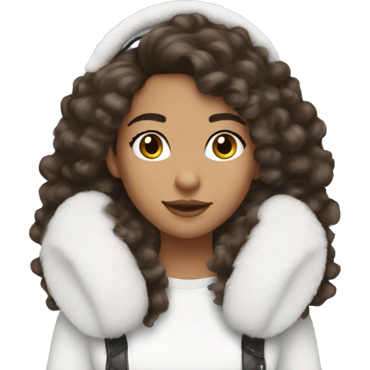 Brunette long  hair with curls pretty girl wearing white faux fur earmuffs  emoji