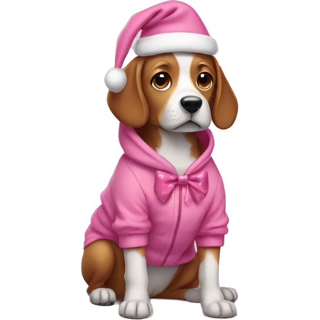 Dog wearing a pink Christmas hoodie with a pink bow emoji