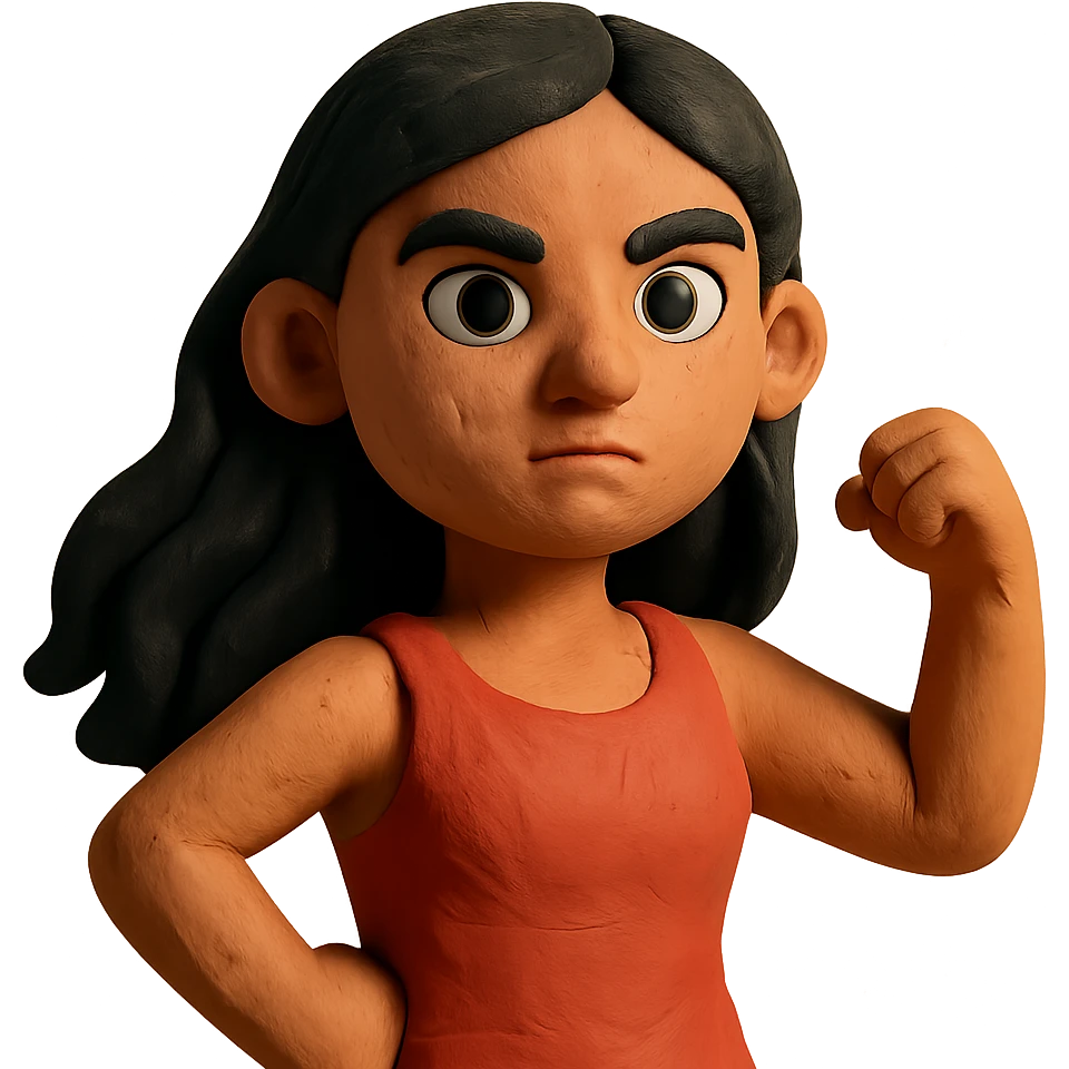 strong girl with brown eyes, flesh-colored skin, long slightly wavy black hair emoji