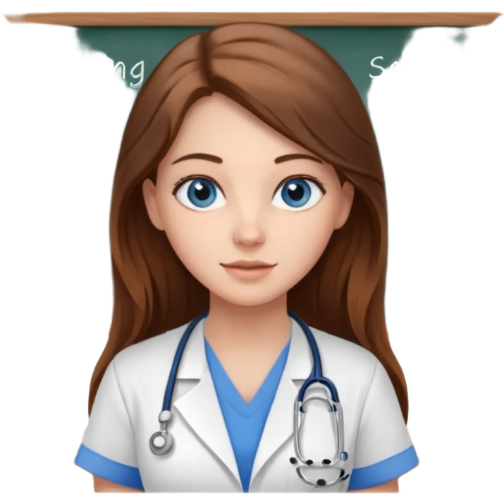 inside a classroom at university that says nursing school on the board with a pretty female nursing student with long brown hair, blue eyes emoji