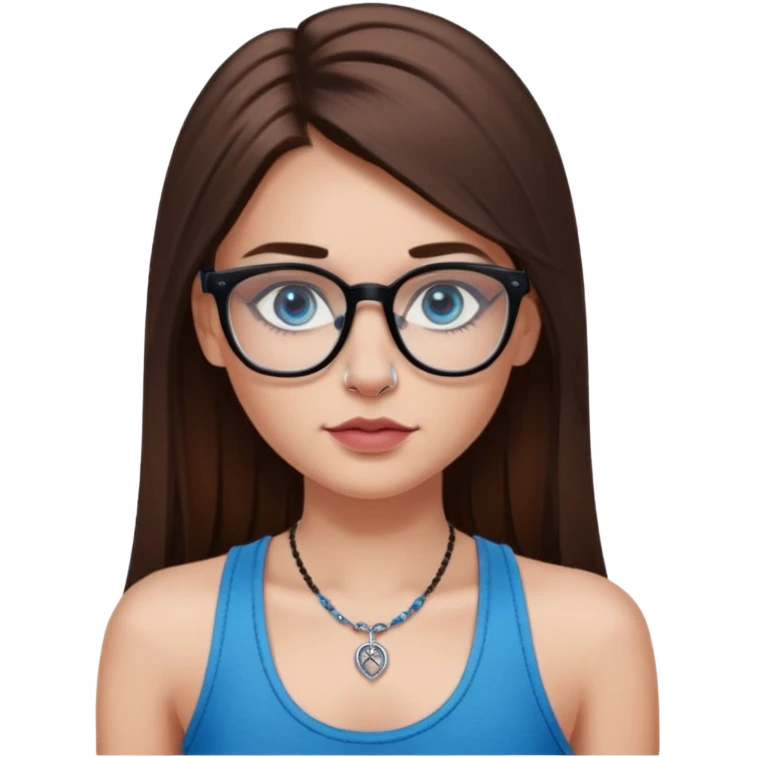 White girl with long straight brown hair and blue eyes wearing plastic frame glasses that go from black to clear ombré from top to bottom. Stud nose piercing on right side of nose and a septum piercing. Wearing black tank top. Rose tattoo on right arm. emoji