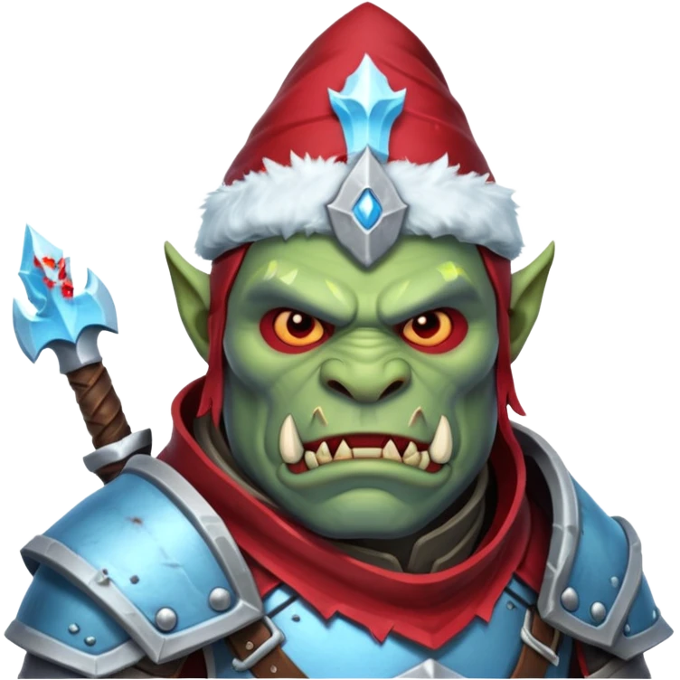 
Fantasy Christmas orc legion soldier icon, iron tundra army theme, heavy winter armor, disciplined brutal look, icy blue steel armor with deep crimson accents, frozen metal texture, cold winter atmosphere, clean readable emoji style
 emoji