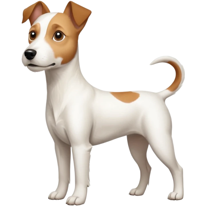 a full body large white parson russell terrier looking dog the size of a kelpie with light brown long ears and a light brown patch on one eye and a large snout emoji