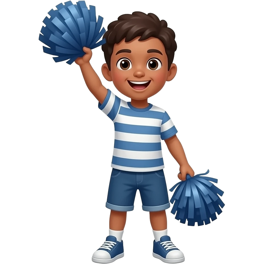 Mid complexion full body boy standing while cheeringwhile holding pom poms with one hand in the air emoji
