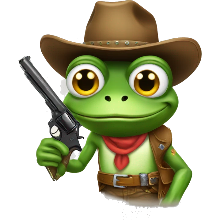 A frog wearing a cowboy hat and hold a gun  emoji