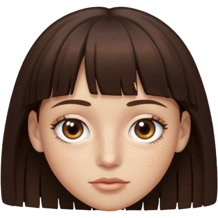branca, olhos hazel, franjnha, pequenas sardas, cabelo castanho escuro, zoombue emoji