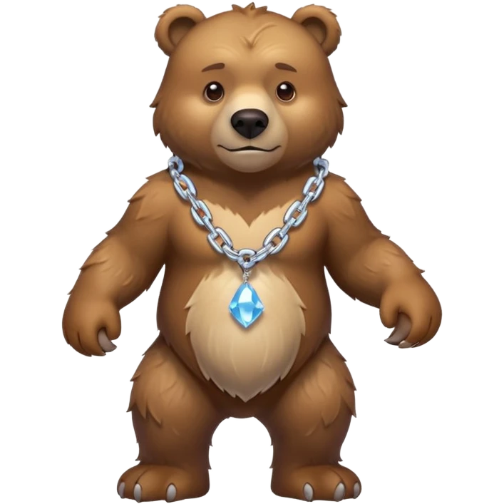 Fierce brown bear walking on four paws with an ice chain necklace, frozen chain links made of crystal clear ice, serious face emoji