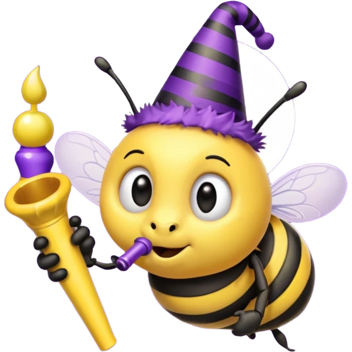a Bee with purle Birthday Hat, Bee blowing party horn emoji