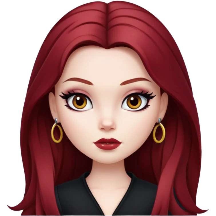 pretty bratz girl, tall, pale skin, dark red hair,  long hair, brown eyes, black eyeliner emoji