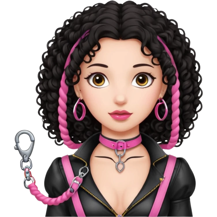 Princess dark curly hair with pink bdsm leash emoji