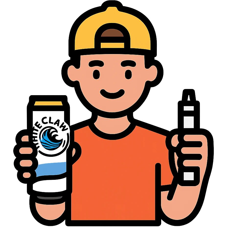 stylized man in a t-shirt and baseball hat, holding a White Claw and a vape, vibrant outlined icon style emoji