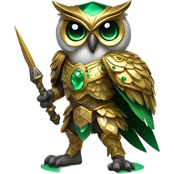 Gamer owl warrior wearing golden armor embedded with small emerald jewels, holding a staff emoji