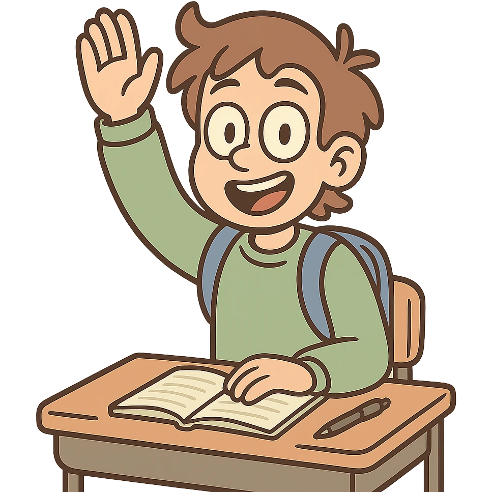 cheerful student character raising their hand in class, showing active participation, friendly and inviting style emoji