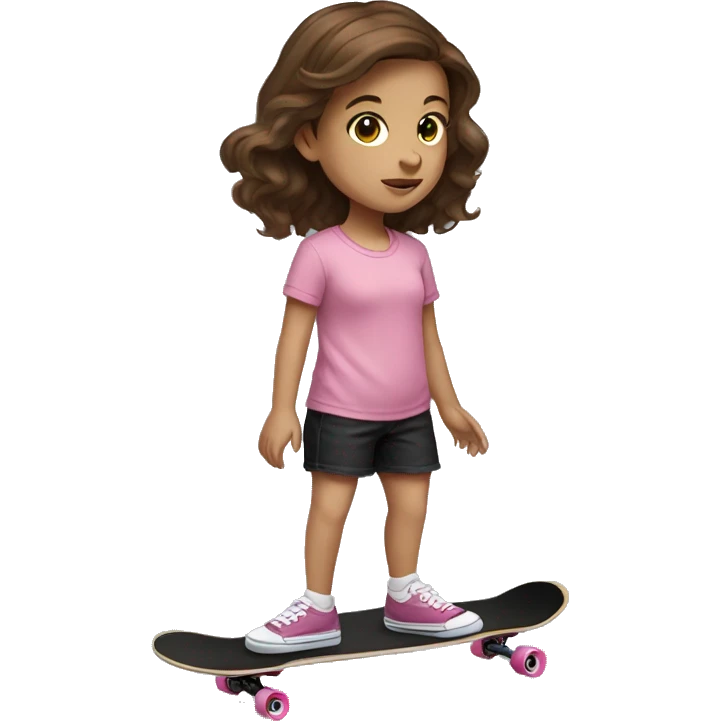 little girl with brown hair, pink shirt from VANS and black shorts skateboarding emoji
