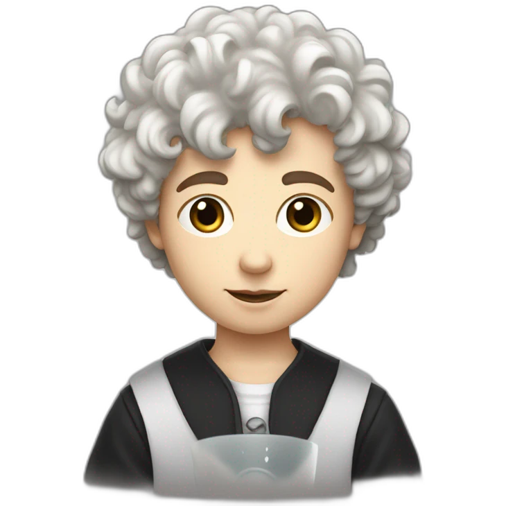 A portrait from the shoulders up of pasty white teenage boy with dark black curly hair holding a chalice of milk emoji