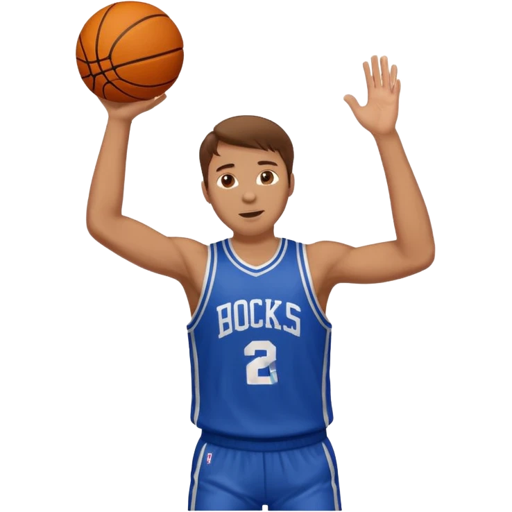 A white man with brown hair with a basketball, doing a layup emoji