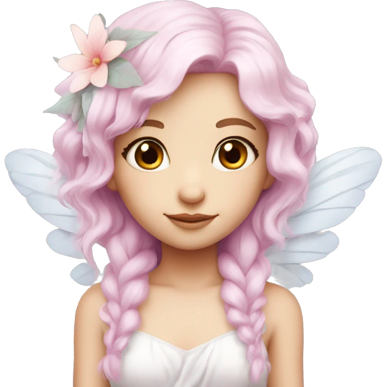 Beautiful, flower fairy, white long, light pink hair, big wings, fair skin, light violet eyes  emoji