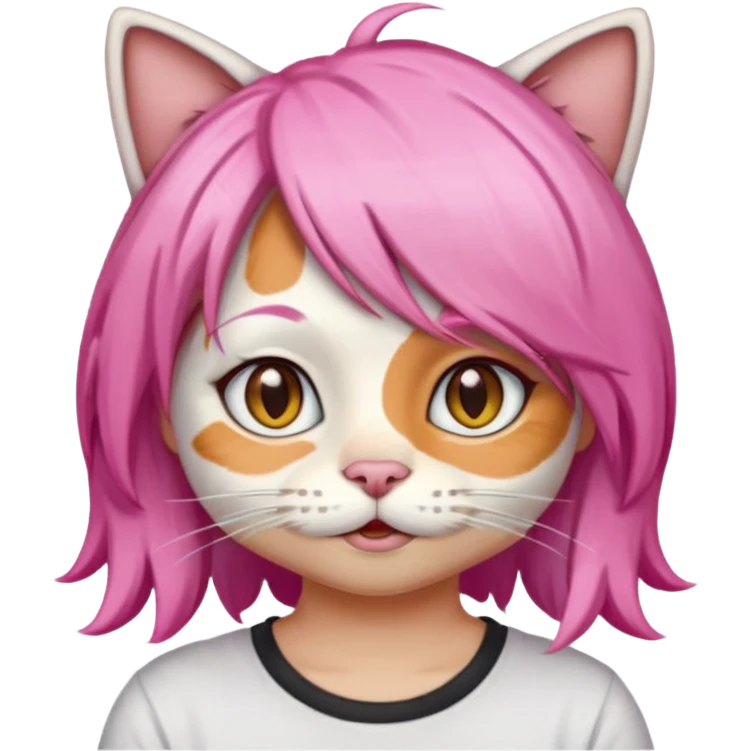 calico cat wear pink hair wig, white T-shirt emoji