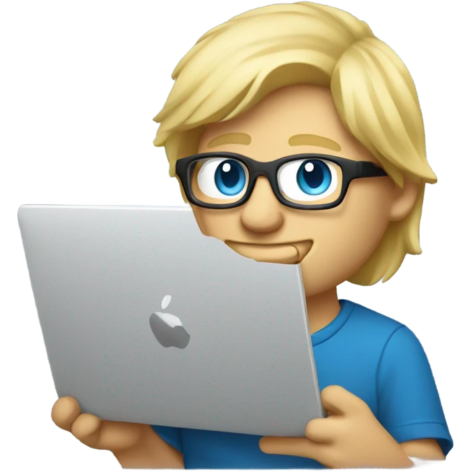 male, PCB designer behind macbook, blond, blue eyes with classes emoji