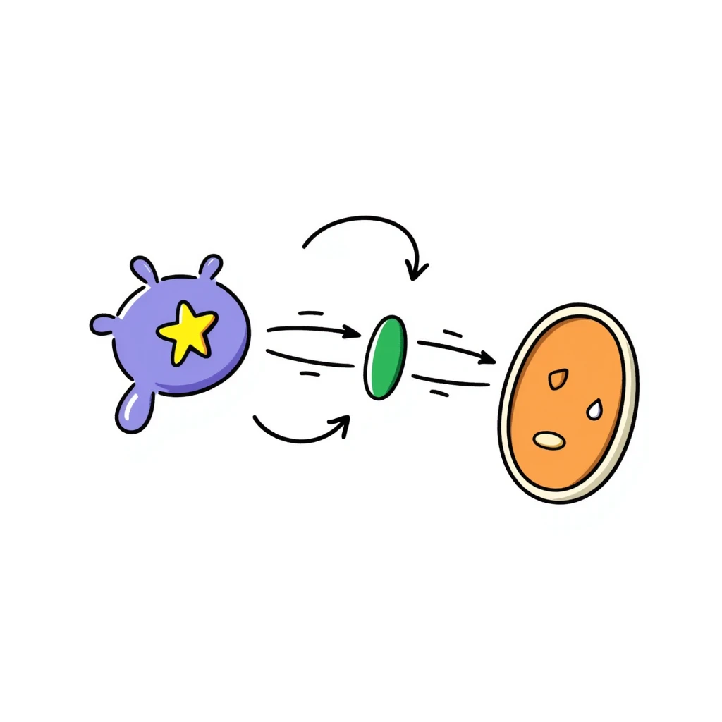 Hormone action diagram: blue starred hormone molecule binding to yellow receptor on purple cell membrane, triggering green signaling cascade inside orange cell. Hand-drawn anatomical illustration with arrows showing signal pathway and resulting cellular changes. emoji