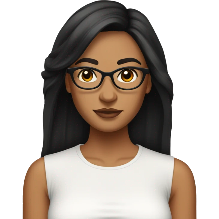 woman with tan skin and long black hair wearing a white crop top, glasses, with curtain bangs emoji