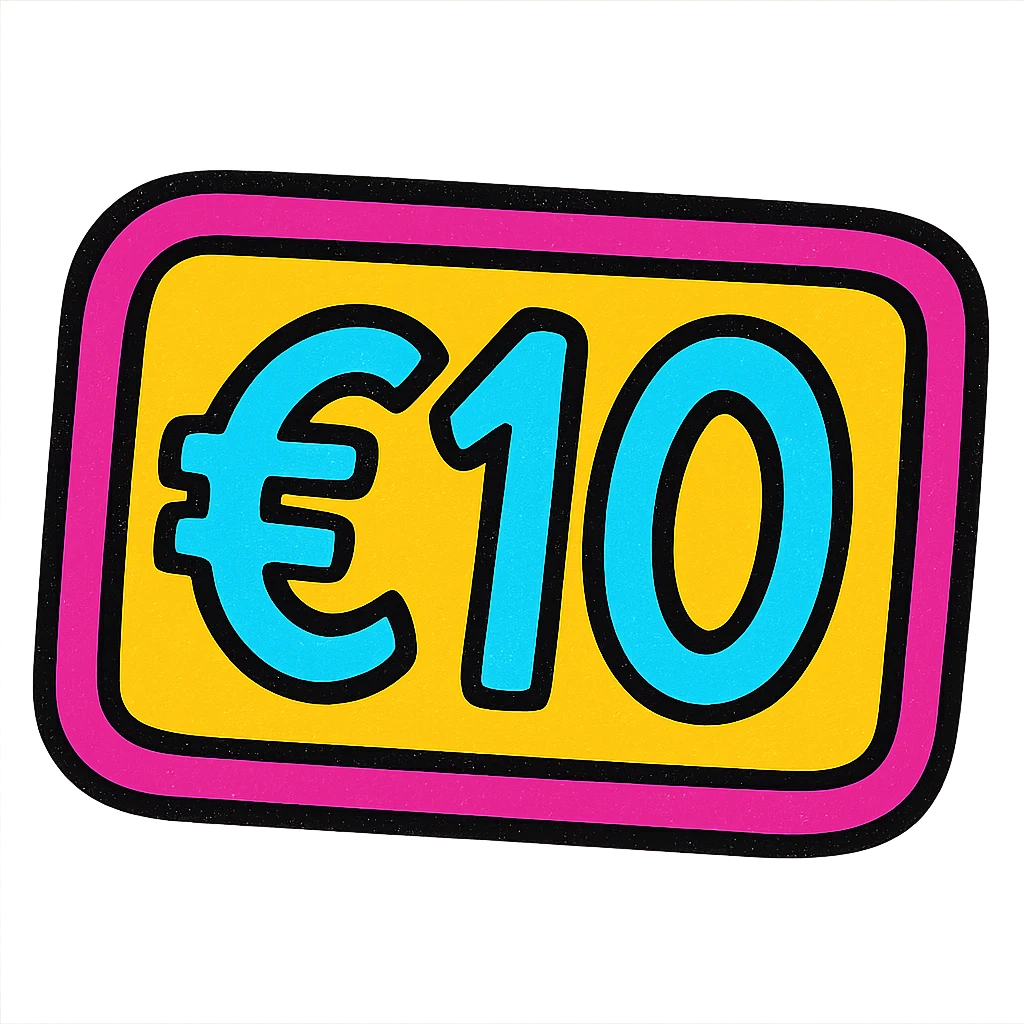 Create a rectangular sticker with rounded corners, no rope, keep the €10 visible, minimal and elegant style, no background. emoji