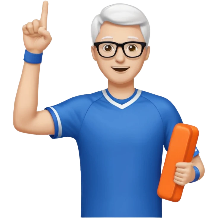A slim man with glasses, pumping the foam finger in the air with bright enthusiasm. emoji