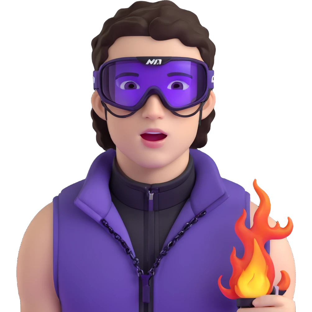 close-up of bad guy male athlete with white skin and moderately curly dark brown hair on top with shaved sides, wearing ski goggles with purple frames and very dark black lenses, a simple plain black chain necklace, and a completely unzipped sleeveless vest with purple and black sequin fire pattern design with no logo, with an extremely arrogant expression sticking his tongue out mockingly, looking menacing and villainous emoji