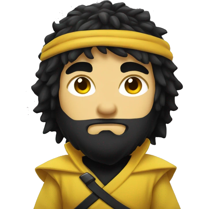 black shaggy haired yellow skinned ninja clothed person big belly  emoji
