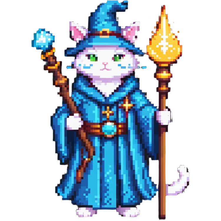 cat wizard with a magical staff and wizard robe emoji