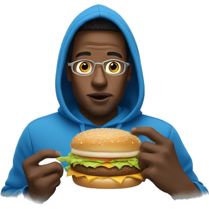 Man in blue hoodie eating Big Mac emoji