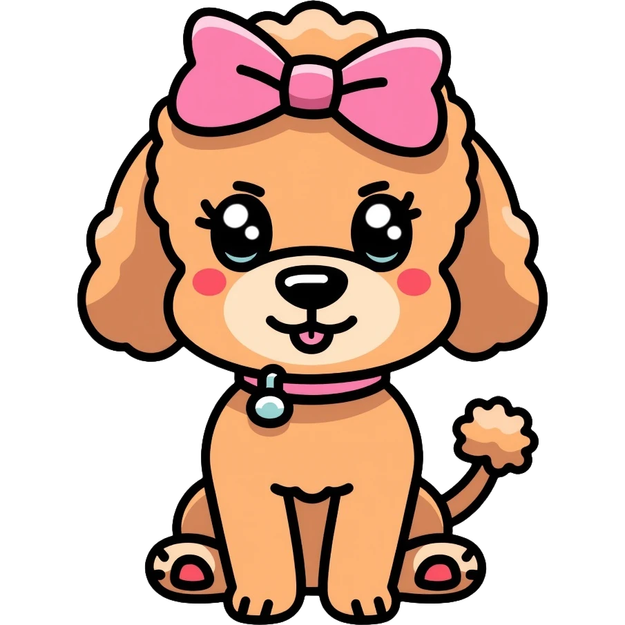 Cute brown poodle dog with a pink bow on its head and tail, with its tongue sticking out, and wearing a pink collar emoji