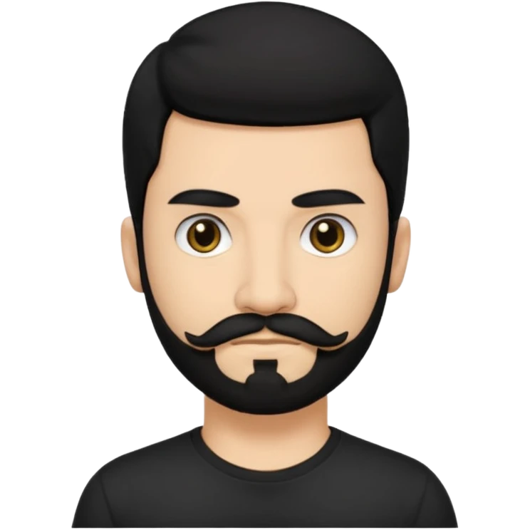 Man, hispanic skin, black hair, black beard, black mustache black eyes black t shirt, small nose, long emo hair emoji