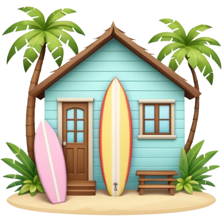 Hawaiian bungalow house, pastel colors, wooden porch, surfboard leaning on wall, palm leaves, tropical vibe, cute mobile game icon style, 3D cartoon, clean background, no text
 emoji