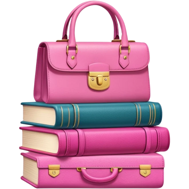 Stack of books with designer handbag on top in pink tones for color effect emoji