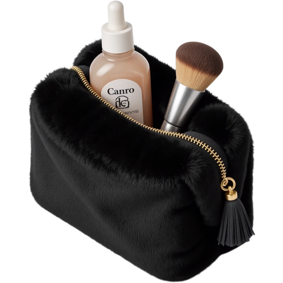 black fluffy faux fur cosmetics bag emoji