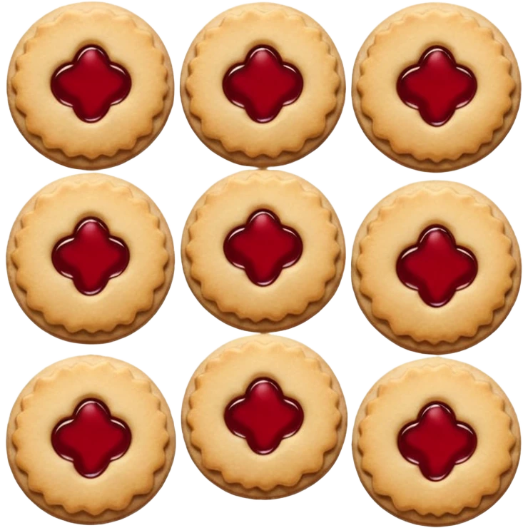 Linzer cookies with a red jam center shaped still round for eyes. emoji