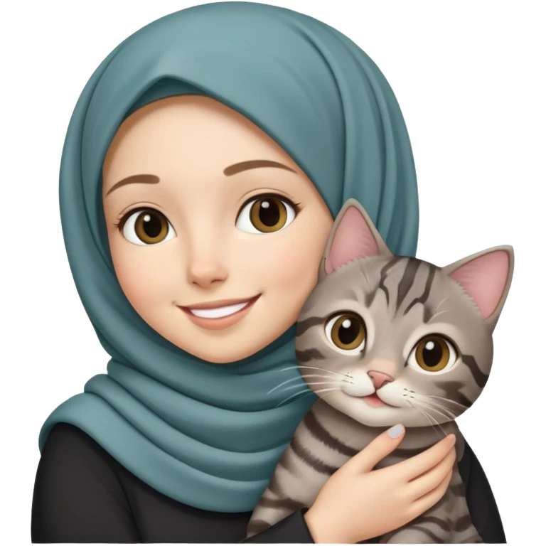 White girl wearing hijab smiling while holding a black grey tabby cat emoji