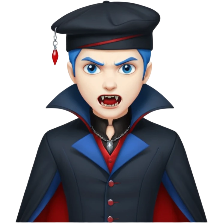 Vampire with blue hat,black coat with read collared ,teeth looks like vampire with aggression on face and full body. emoji