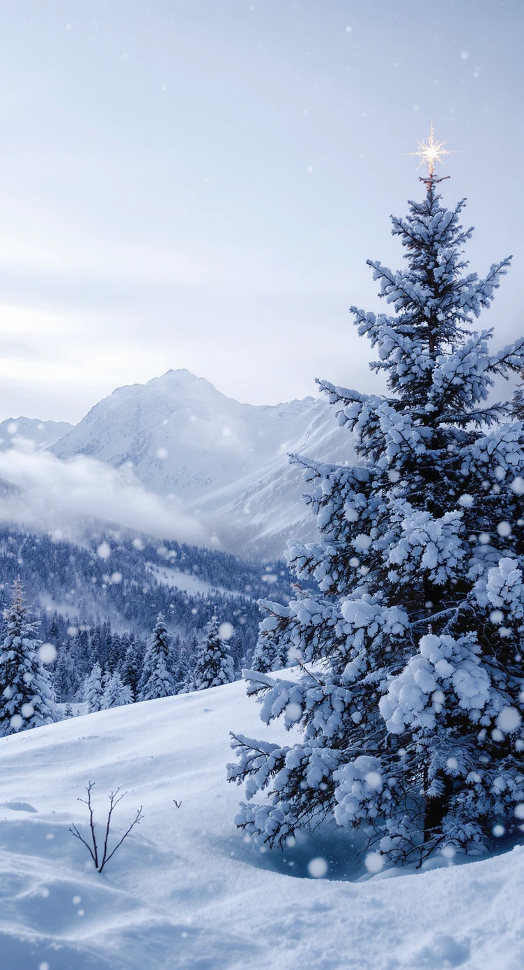 Cinematic still of a winter landcape, snowy,christmas tree in snow, in background we can see beautifull snowy landscape, soft light, symmetrical, day --no curtains emoji