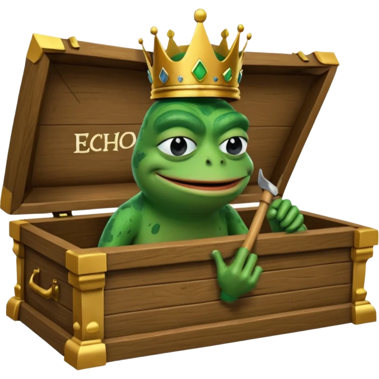 Emoji of an empty wooden coffin with its lid on top, the word ‘ECHO’ carved into the side panel. The coffin is shown from the outside. A king-like Pepe the Frog, standing outside the coffin, is hammering nails into the lid to seal it shut. No character is inside the coffin. Not a treasure chest. emoji