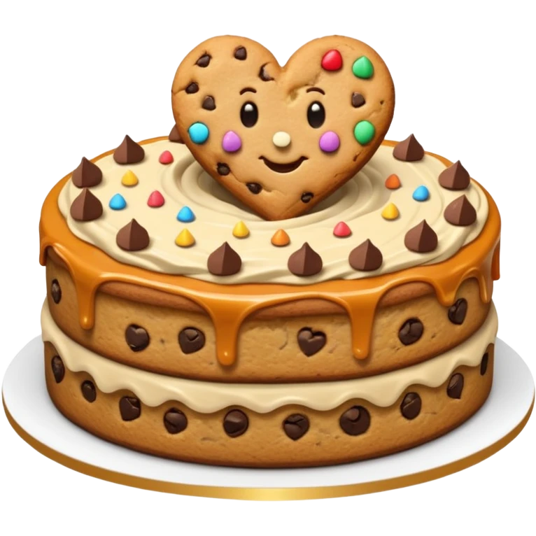 Chocolate chip cookie cake with caramel frosting and golden heart shaped sprinkles emoji