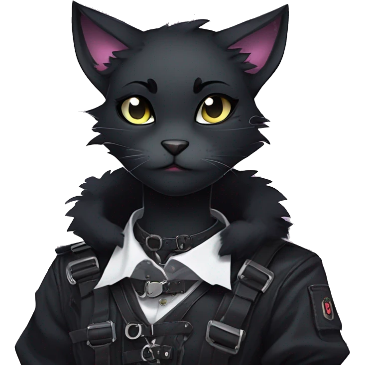 Gorgeous furry gothic dark techwear anime style anthro black cat furry sona Fakemon with blushing face aesthetic and pretty edgy black with collar and harness trending style emoji