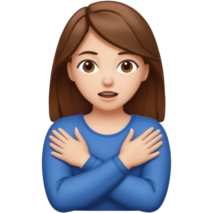 White girl with brown hair crossing her arms around her neck with mouth open big emoji