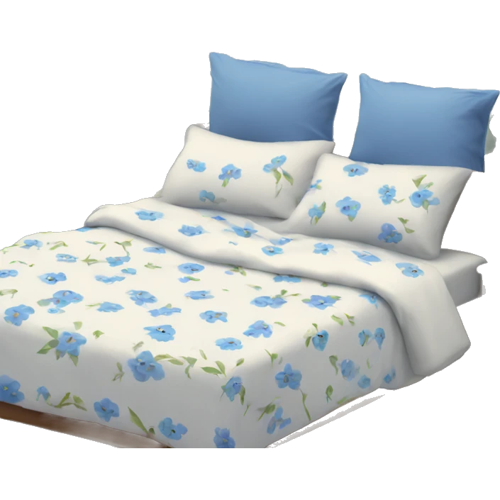 Cosy bed with blue smal flower bed sheets emoji