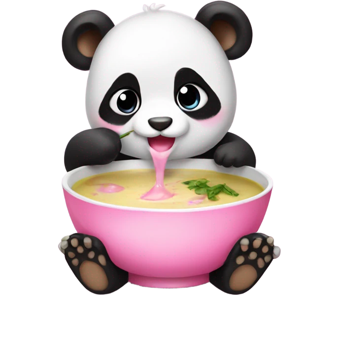 Baby panda with pink bow eating big bowl of soup emoji