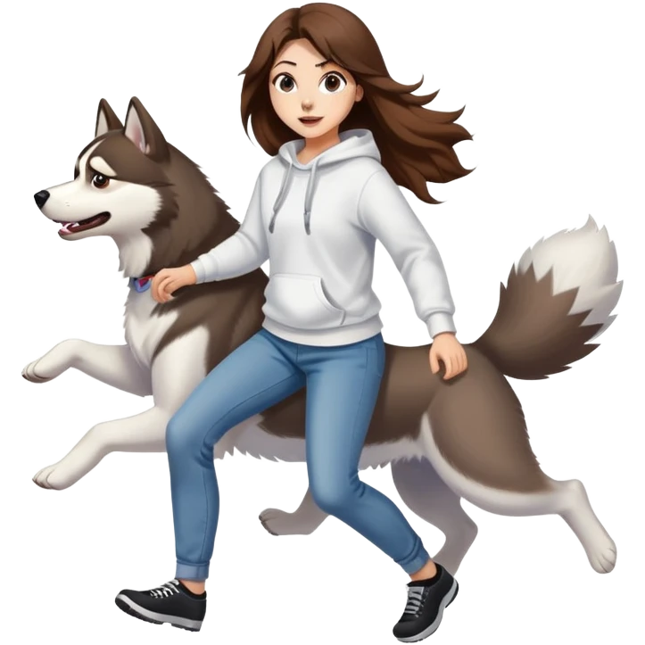 A beautiful girl with long hair wearing a white sweatshirt and jeans is chasing a husky emoji
