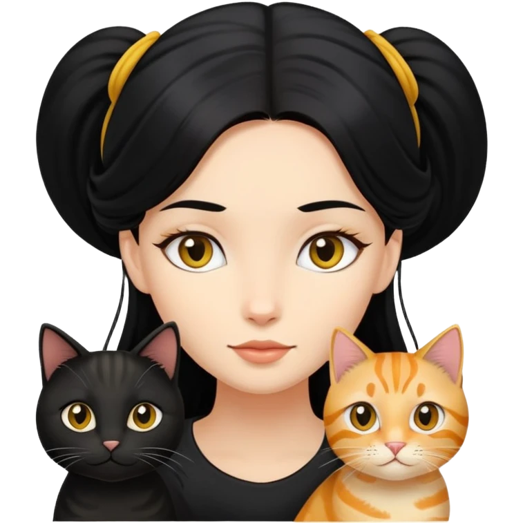 A girl with long black hair and an oval face is together with a black and yellow tabby cat. emoji