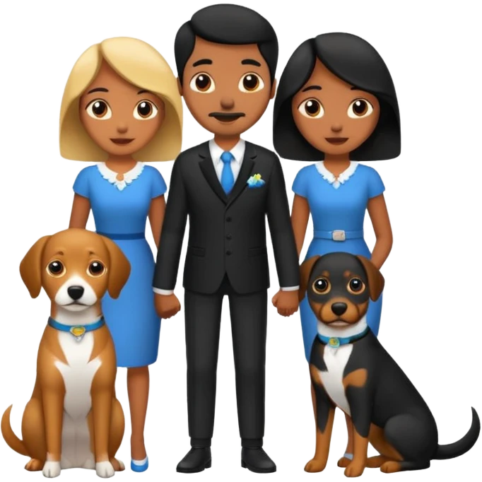 Pareja de novios, pelo negro ambos, y con dos perritos pincher en brazos emoji